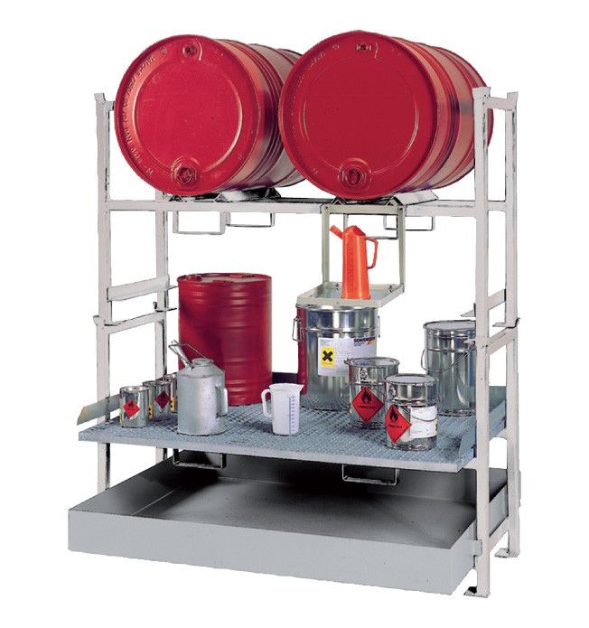Lekbak E2 met stapelframe voor 2 x 200 liter vaten, kannenhouder en rooster voor kleinemballage